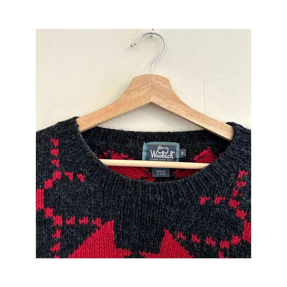 Vintage 90s Woolrich Red Black Abstract 100% Wool Pullover Sweater Men's Medium